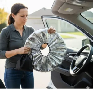 Image showing how easily a flexible car window heat shield for car windows can be folded and stored in a small pouch or behind the car seat.