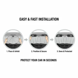 Simple image showing the quick and effortless installation of the foldable sun shade for car on the front windshield.