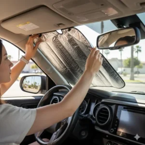 Step-by-step photo of a user installing the toyota tacoma windshield sun shade, showing its easy, secure placement.
