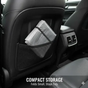 Compact, neatly folded cardboard windshield sun shade ready for storage in a seat pocket.