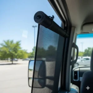 Roll-up truck side window shades secured neatly when not in use, maintaining a clear view.
