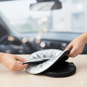 Universal rear windscreen sun shade being folded neatly into its storage bag, highlighting its portable and compact design.