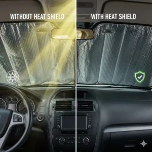 Close-up of a dashboard protected by a windshield reflector heat shield, preventing UV damage and fading.