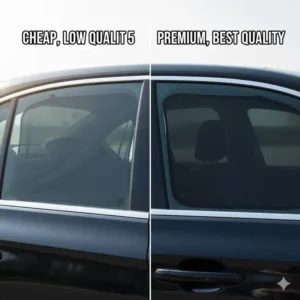 A baby comfortably shaded in the backseat by the best car window blinds, protecting them from harsh sunlight.