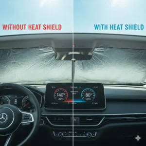 Comparison graphic showing the significant difference in car interior temperature with and without a heat shield for car windows installed on a sunny day.