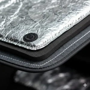 Close-up view of the multi-layer, durable material used in the construction of the compact car sun shade for maximum UV protection.