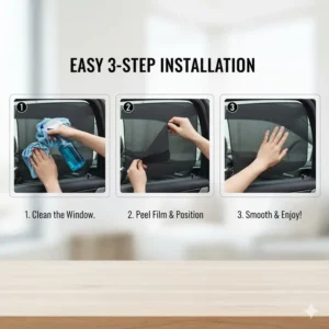 Step-by-step guide illustrating the simple installation process for a rear windscreen sun shade, including cleaning the glass.