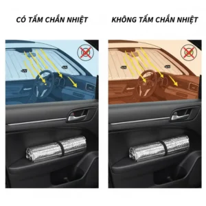 A compact rolled-up sun shield being stored in a car's door pocket, emphasizing the design of a window heat shield car.