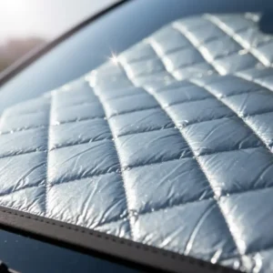 Detailed view of the multi-layered, reflective material used in the construction of the toyota tacoma windshield sun shade for maximum UV protection.