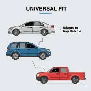 Montage of different vehicles (truck, SUV, sedan) showing the universal fit and application of the driver window sun shade.
