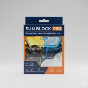 The retail packaging for a high-quality automotive windshield reflector heat shield.
