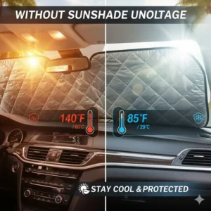 Infographic illustrating the cool temperature difference achieved by using the Best Car Windshield Sunshade.