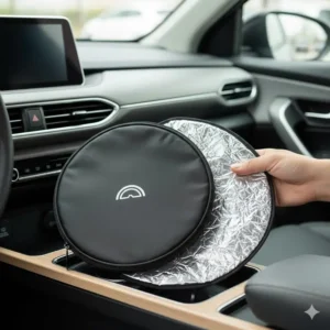 The provided storage pouch/bag for the compact car sun shade, emphasizing convenient and tidy storage.