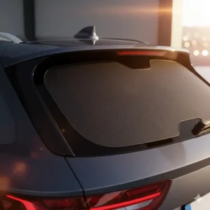 Custom fit rear windscreen sun shade perfectly covering the large window of an SUV, offering maximum shade and a professional look.