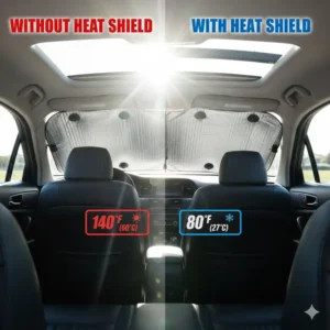A simple, non-folding heat shield for car windows installed on the rear windshield to keep the back seat cool.