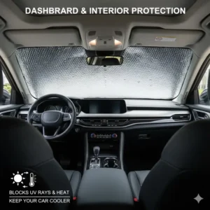 Interior view of an SUV, with the foldable sun shade for car installed, protecting the dash from sun damage.