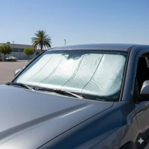 Exterior view of a Toyota Tacoma with the toyota tacoma windshield sun shade in place, showcasing the sleek, professional look from the outside.