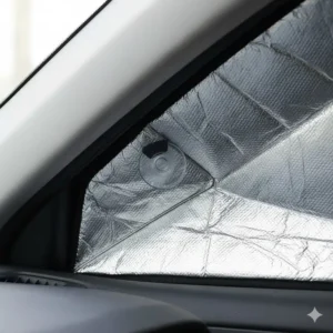 Detail of a secure fit and suction cup holding the windshield reflector heat shield in place.