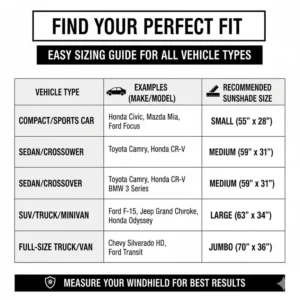 A visual sizing guide to help select the perfect fit for your Best Car Windshield Sunshade.