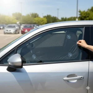 An accessory side window compact car sun shade designed to complement the main windshield shade in a compact car.