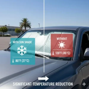 A visual comparison of a Toyota Tacoma windshield showing the difference between an area covered by the toyota tacoma windshield sun shade versus an uncovered area, emphasizing UV protection.