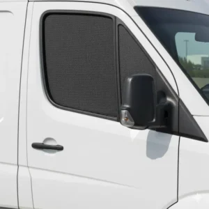 Custom-fit truck side window shades protecting passengers and reducing heat buildup in the cab.