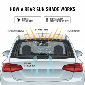 Diagram showing how a rear windscreen sun shade blocks harmful UV rays and reduces interior heat build-up.