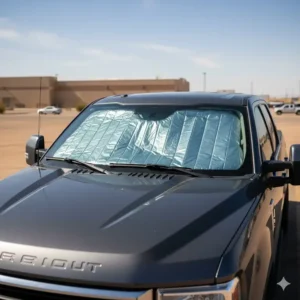An extra-large version of the windshield reflector heat shield fitted into a truck or SUV window.