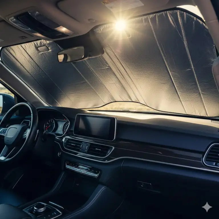 Premium car dash sun shade blocking harsh UV rays and protecting the vehicle's interior.