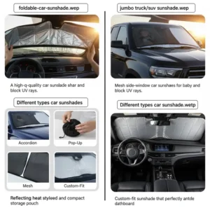 Close-up of a foldable sunshade being placed inside a windshield. Check our car sunshade reviews.