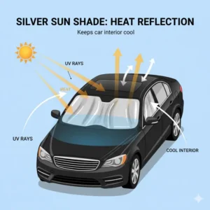 A diagram illustrating how the silver material effectively reflects light and heat away from the cabin, showing the thermal benefit of a car sun shade black or silver.