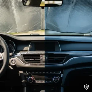 Close-up of a dashboard showing effective UV protection provided by the dash sun shade.