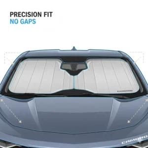 Detailed illustration showing the perfect edge-to-edge fit of a custom windshield sun shade for camaro.