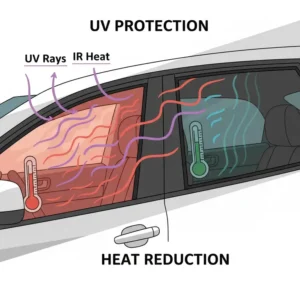 Illustration showing how a custom rear window shade blocks UV rays to keep the car interior cool.