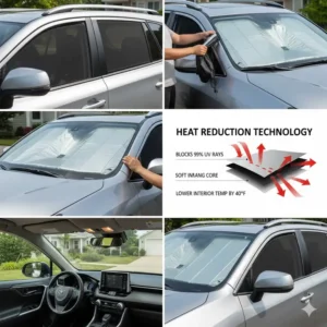 Close-up of a mesh RAV4 window shade securely attached to a rear side window, perfect for passenger and pet comfort.