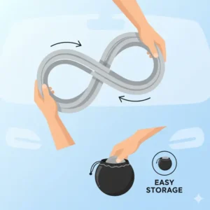 Illustration showing how to twist and fold a collapsible car sun shade into a compact storage pouch.