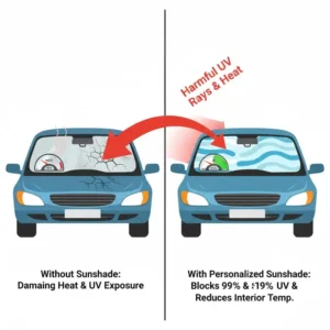 An illustration showing how a personalized sunshade for car blocks UV rays to protect the interior.