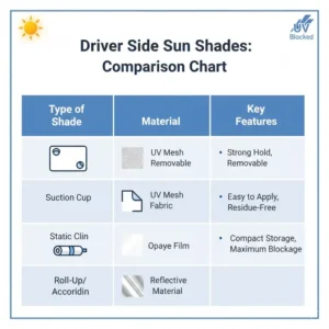 An illustration comparing different types of the best driver side sun shade, including suction cup, cling, and roll-up styles, highlighting their features and sun-blocking materials.