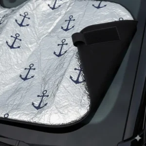 Close-up of the durable, UV-reflective material used for the personalized windshield shade, highlighting its quality and print clarity.