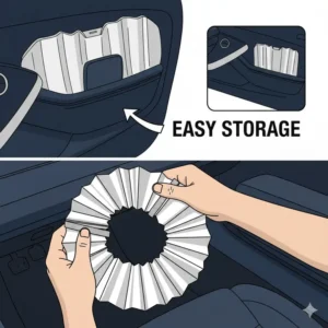 Showing the easy, compact folding design of the camaro sun shade for quick storage in the trunk or backseat pocket.