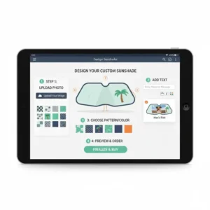 A digital interface of a website used to design a personalized sunshade for car with custom text.