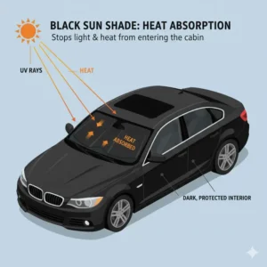 A diagram illustrating how the black material absorbs light and helps prevent glare and penetration deep into the vehicle interior using a car sun shade black or silver.