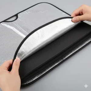 Image illustrating the durable, reflective, and easily folding material of the dash sun shade.