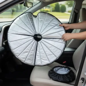 Image demonstrating how easily the reflective folding RAV4 sun shade can be twisted and stored in its compact carry bag.