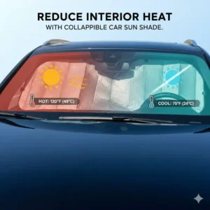 Diagram comparing car interior temperatures with and without a reflective collapsible car sun shade.