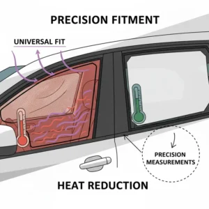 A technical diagram displaying the edge-to-edge precision of a custom rear window shade for a perfect fit.