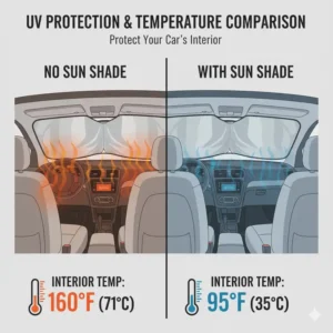 Infographic comparing interior car temperatures with and without the use of reflective collapsible auto sun shades.