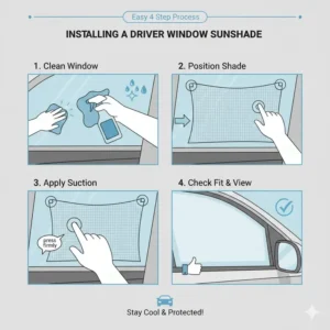 A step-by-step diagram showing how to correctly install the best driver side sun shade using the included suction cups.