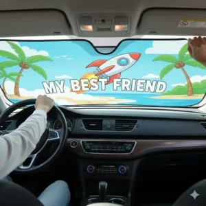 A person easily unfolding and installing the personalized windshield shade in the car to provide sun and heat protection.