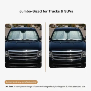 A jumbo-sized sunshade perfectly covering an SUV windshield. Find more in our car sunshade reviews.